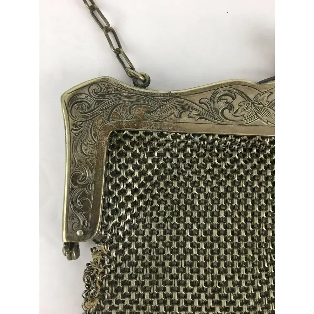 Antique Signed‎ German Silver Mesh Purse Bag Ornate Frame Dangles NB Co Flapper